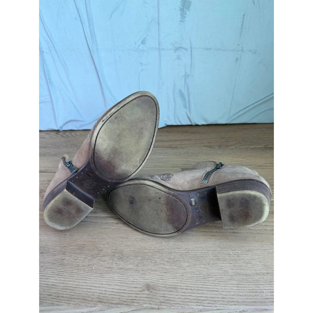 Lucky Brand Ankle Boots Women Tan Suede Leather Floral Embroidered Boho 8.5M